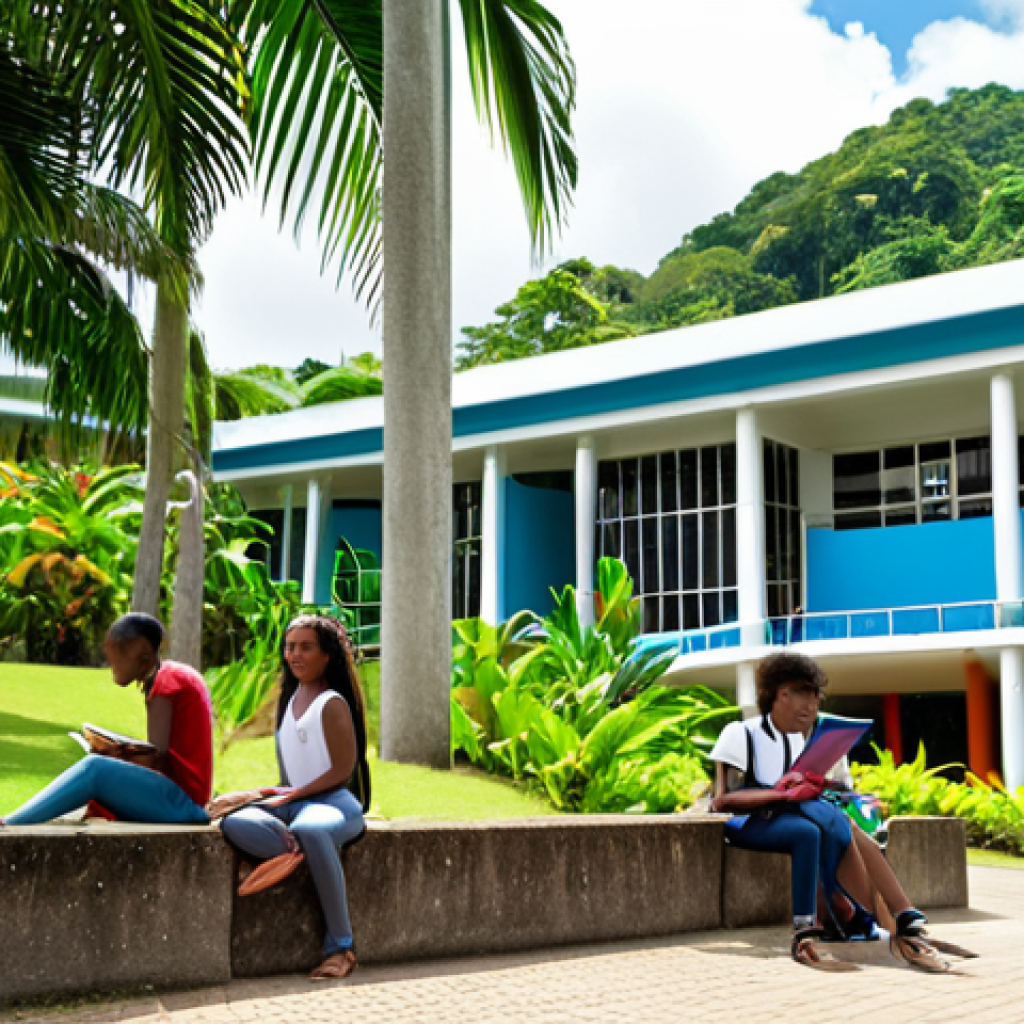 **Vibrant Caribbean university campus scene, Trinidad & Tobago, students from diverse backgrounds studying outdoors, lush tropical greenery, modern architecture.** (Focuses on the multicultural student life and environment)