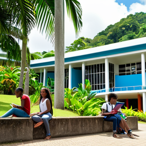 Home 11 **Vibrant Caribbean university campus scene, Trinidad & Tobago, students from diverse backgrounds studying outdoors, lush tropical greenery, modern architecture.** (Focuses on the multicultural student life and environment)