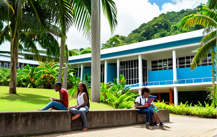 **Vibrant Caribbean university campus scene, Trinidad & Tobago, students from diverse backgrounds studying outdoors, lush tropical greenery, modern architecture.** (Focuses on the multicultural student life and environment)