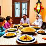 **A vibrant family gathering in an Italian home for Eid al-Fitr, featuring a table laden with delicious food like couscous, tajine, and baklava. The atmosphere is warm and inviting, with colorful lanterns and decorations adorning the room. Children are playing happily, dressed in their finest clothes.**