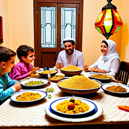 Home 6 **A vibrant family gathering in an Italian home for Eid al-Fitr, featuring a table laden with delicious food like couscous, tajine, and baklava. The atmosphere is warm and inviting, with colorful lanterns and decorations adorning the room. Children are playing happily, dressed in their finest clothes.**