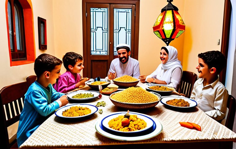**A vibrant family gathering in an Italian home for Eid al-Fitr, featuring a table laden with delicious food like couscous, tajine, and baklava. The atmosphere is warm and inviting, with colorful lanterns and decorations adorning the room. Children are playing happily, dressed in their finest clothes.**