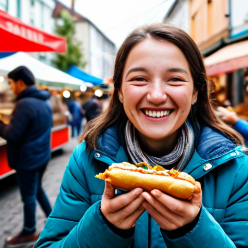 A person of adult age, fully clothed in modest, comfortable attire, holding a "Doubles" street food item with both hands. Their face shows a genuine, joyful expression of pure bliss while eating. The scene is set in a vibrant, bustling outdoor street food market, with a warm, inviting atmosphere and soft, natural light. The focus is on the authentic culinary experience. Professional photography, high quality, perfect anatomy, correct proportions, well-formed hands, proper finger count, natural body proportions, natural pose, safe for work, appropriate content, fully clothed, family-friendly.