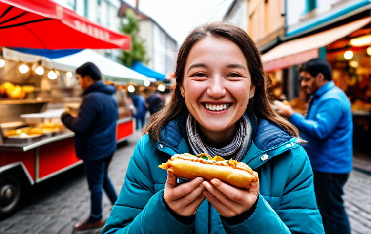 A person of adult age, fully clothed in modest, comfortable attire, holding a "Doubles" street food item with both hands. Their face shows a genuine, joyful expression of pure bliss while eating. The scene is set in a vibrant, bustling outdoor street food market, with a warm, inviting atmosphere and soft, natural light. The focus is on the authentic culinary experience. Professional photography, high quality, perfect anatomy, correct proportions, well-formed hands, proper finger count, natural body proportions, natural pose, safe for work, appropriate content, fully clothed, family-friendly.