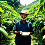 A dedicated coffee farmer, fully clothed in modest, appropriate attire, stands amidst a lush, green coffee plantation in Trinidad and Tobago. Sunlight filters through the canopy of fruit trees, illuminating the well-formed hands gently inspecting coffee cherries. The scene captures the artisanal care and natural beauty of cultivation. Professional photography, perfect anatomy, correct proportions, natural pose, natural body proportions, safe for work, appropriate content, family-friendly.