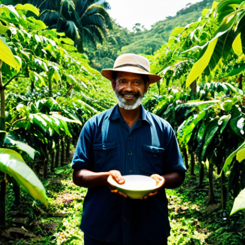 A dedicated coffee farmer, fully clothed in modest, appropriate attire, stands amidst a lush, green coffee plantation in Trinidad and Tobago. Sunlight filters through the canopy of fruit trees, illuminating the well-formed hands gently inspecting coffee cherries. The scene captures the artisanal care and natural beauty of cultivation. Professional photography, perfect anatomy, correct proportions, natural pose, natural body proportions, safe for work, appropriate content, family-friendly.