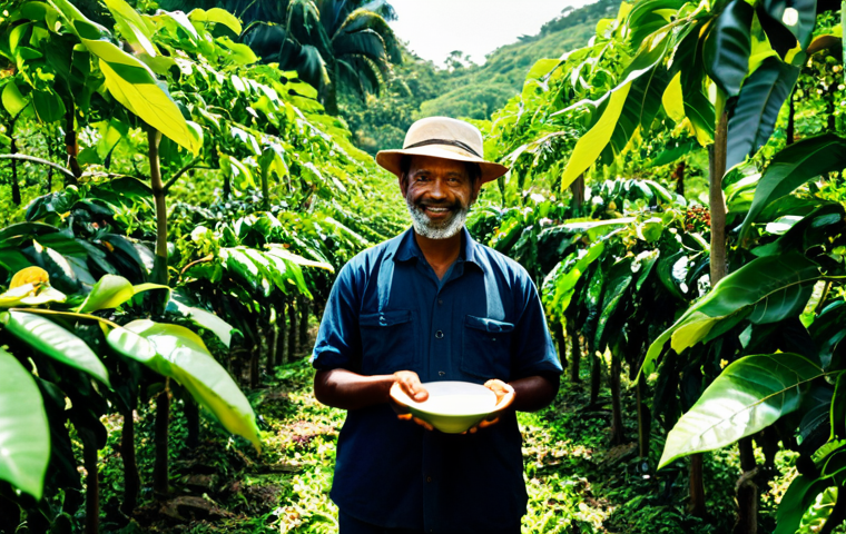 A dedicated coffee farmer, fully clothed in modest, appropriate attire, stands amidst a lush, green coffee plantation in Trinidad and Tobago. Sunlight filters through the canopy of fruit trees, illuminating the well-formed hands gently inspecting coffee cherries. The scene captures the artisanal care and natural beauty of cultivation. Professional photography, perfect anatomy, correct proportions, natural pose, natural body proportions, safe for work, appropriate content, family-friendly.