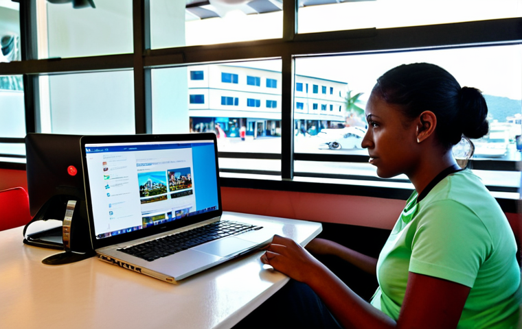 Safe Hotel Search**
"A traveler, fully clothed in modest attire, carefully reviews hotel options on a laptop in a well-lit internet cafe in Port of Spain, Trinidad. The cafe is clean, modern, and bustling with other patrons. Outside the window, the vibrant colors of the city are visible. Focus on the traveler's focused expression and the feeling of cautious planning. safe for work, appropriate content, professional, perfect anatomy, natural proportions, family-friendly, realistic lighting, high resolution."
**