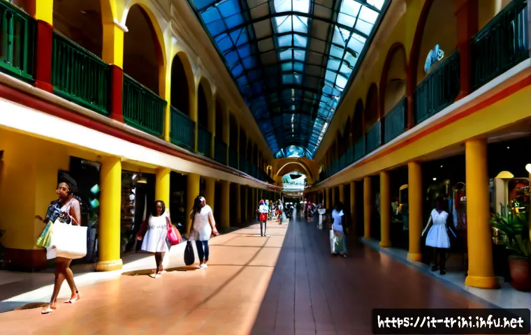 Home 10 트리니다드 토바고에서 쇼핑하기 좋은 곳 - Photorealistic upscale Caribbean shopping mall in Trinidad and Tobago, bright open-air arcade with f...